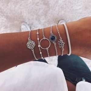 Mixed Metal Chain Bracelet Set Silver Tone